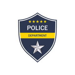 Police badge. Shield of cop department. Badge of officer police. emblem of sheriff. Symbol of security, law, protect, detective, patrol and policeman. Label and logo for uniform. Vector - obrazy, fototapety, plakaty