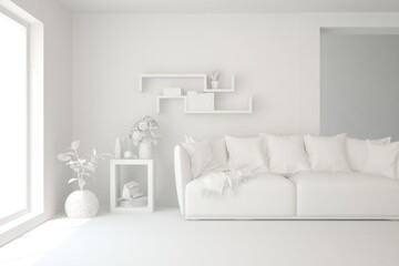 White minimalist living room with sofa. Scandinavian interior design. 3D illustration