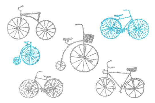 Vintage bicycles set. Glitter clip art on white background