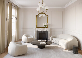 3d rendering of an elegant chic luxury Paris apartment living room with kidney shaped sofa and a classic fireplace - obrazy, fototapety, plakaty