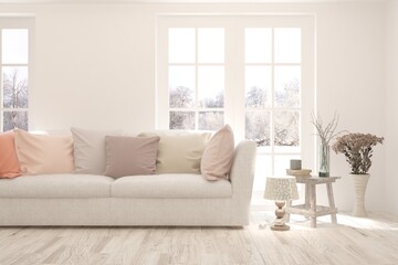 White living room with sofa and winter landscape in window. Scandinavian interior design. 3D illustration