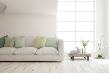 White living room with sofa. Scandinavian interior design. 3D illustration