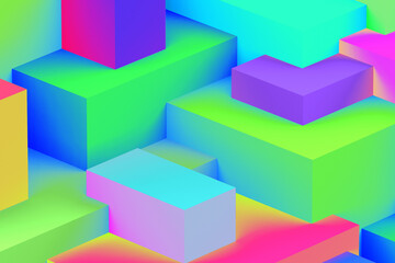 Obraz premium Abstract geometric cubic holographic colorful in neon lights background. isometric 3d render.