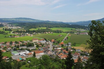Panoramic View from Gruy&egrave;res Castle Over Swiss Meadows, Village and Mountains