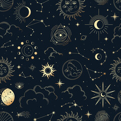 Vector magische naadloze patroon met sterrenbeelden, zon, maan, magische ogen, wolken en sterren. Mystieke esoterische achtergrond voor ontwerp van stof, verpakking, astrologie, telefoonhoesje, yogamat, notebook