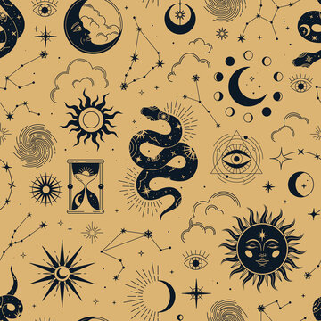 Vector magic seamless pattern with constellations, snakes, sun, moon, magic eyes, clouds and stars. Mystical esoteric background for design of fabric, packaging, astrology, phone case, yoga mat