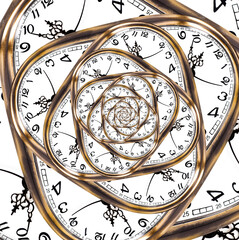Endless time shortage and deadline pressure concept. Abstract background made of twisted watch...