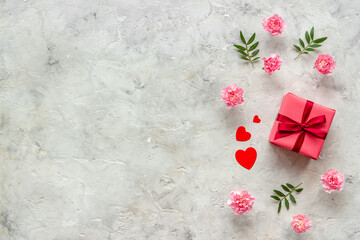 Valentines Day wedding or birthday background with pink flowers and gift boxes