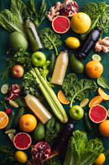 Fototapeta Fresh fruit and vegetable smoothies or juice in bottles with various ingredients around obraz