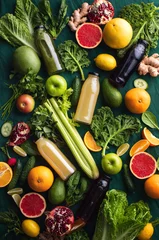 Poster Fresh fruit and vegetable smoothies or juice in bottles with various ingredients around © fortyforks