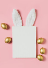 Easter mock up with rabbit poster on pink background