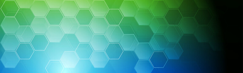 Bright blue and green abstract tech hexagonal geometrical background. Vector banner design