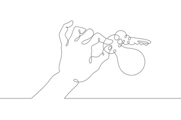 Hand brush palm holds a metal key from the lock with his fingers. One continuous drawing line  logo single hand drawn art doodle isolated minimal illustration.