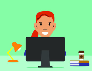 Color image of people in monitor screen on green background, vector illustration