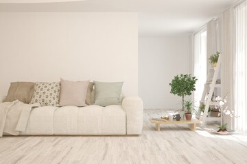 White living room with sofa. Scandinavian interior design. 3D illustration