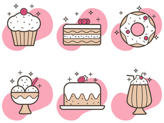 Vector set of six icons of sweet food in flat style. Cake, doughnut, milkshake, ice cream, cupcake