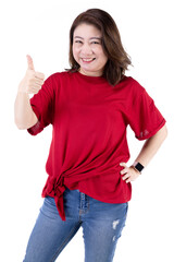 Portrait of middle age 40s Asian woman Thumbs up Isolated on white background