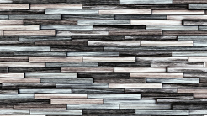 Wooden wall background. Grey wood pattern. Modern wood template. Horizontal wooden volume planks. 3d illustration.