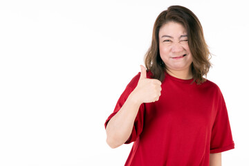 Portrait of middle age 40s Asian woman thumbs up Isolated on white background