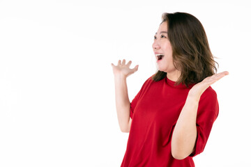 Portrait of middle age 40s Asian woman Pretending to be startled with arms raised Isolated on white background