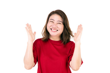Portrait of middle age 40s Asian woman putting your hand Isolated on white background