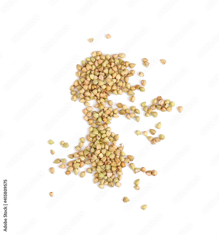 Wall mural pile of buckwheat isolated on white background. Top view.