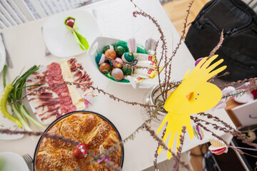 Eastern orthodox Easter day at home. Traditional food serving on table