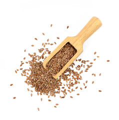 flax seeds in wooden scoop isolated on white background