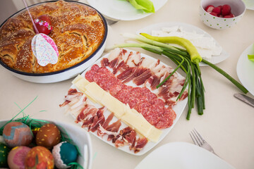 Eastern orthodox Easter day at home. Traditional food serving on table