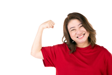 Portrait of middle age 40s Asian woman .arm show strength Isolated on white background