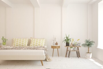 White bedroom interior. Scandinavian design. 3D illustration