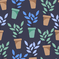 Ficus houseplant in a pot with green and blue leaves. Seamless background with pattern.