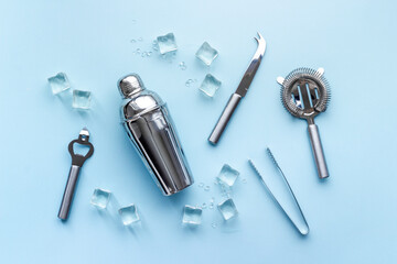 Set of bartender tools and accessories with a cocktail shaker