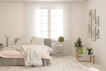 White bedroom interior. Scandinavian design. 3D illustration