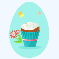 Easter cake with eggs greeting card. Easter sweet bread with icing sugar and decoration decorated with flowers and butterflies. Easter holiday tradition theme design