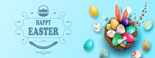 Easter light blue illustration, eggs in a basket with a beautiful pattern, bunny ears