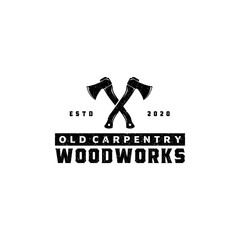 Rustic Vintage Woodworking Cross Axe Logo Design, Creative Carpentry Lumberjack Typography Emblem Vector