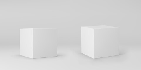 White 3d cubes set with perspective isolated on grey background. 3d modeling box with lighting and shadow. Realistic vector icon