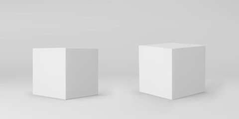 White 3d cubes set with perspective isolated on grey background. 3d modeling box with lighting and shadow. Realistic vector icon