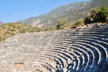 Kas Antiphellos Hellenistic antique theater leaned on nature rocks. It has 26 tiers with 4000 spectators capacity dated back 1st B.C. Kas. Mediterranean region, Turkey.