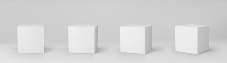 White 3d cubes set with perspective isolated on grey background. 3d modeling box with lighting and shadow. Realistic vector icon