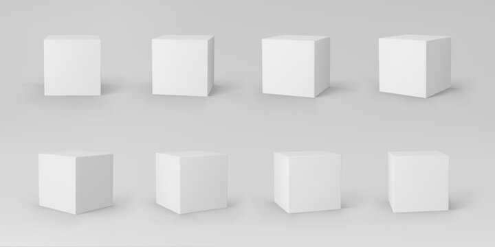 White 3d cubes set with perspective isolated on grey background. 3d modeling box with lighting and shadow. Realistic vector icon