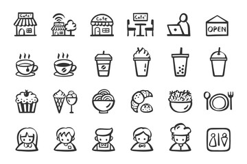 Cafe Restaurant Coffee Shop Icon Set Hand drawn doodle icons