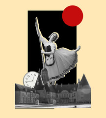 Contemporary art collage. Cinderella. Beautiful young girl, woman ballet dancer in stage costume...