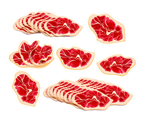 Jamon. Hamon. Traditional Spanish food on wooden support. Meat. Pig leg, Isolated on white background. Eps10 vector illustration.