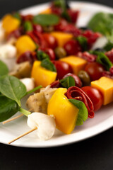 Skewers with mozzarella, salami, cheese, tomatoes, pepper, herbs on a white plate.