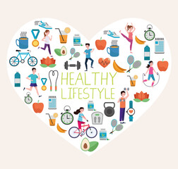 bundle of healthy lifestyle set icons in heart