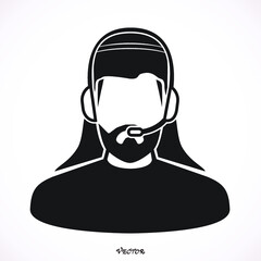 Call center operator with headset web icon design. Client services and communication, customer support, phone assistance, information. Illustration vector of arab or muslim men.