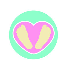 Vector concept for a pedicure office, master. Shape round blank with a heart, feet, footprints. Cute stylish gentle modern logo for the beauty industry salon. Isolated on white. Pink, green, turquoise