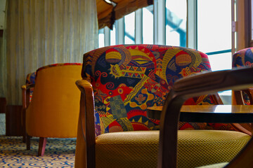 Retro fantasy fairytale interior design in bar or lounge or public space onboard luxury cruiseship...